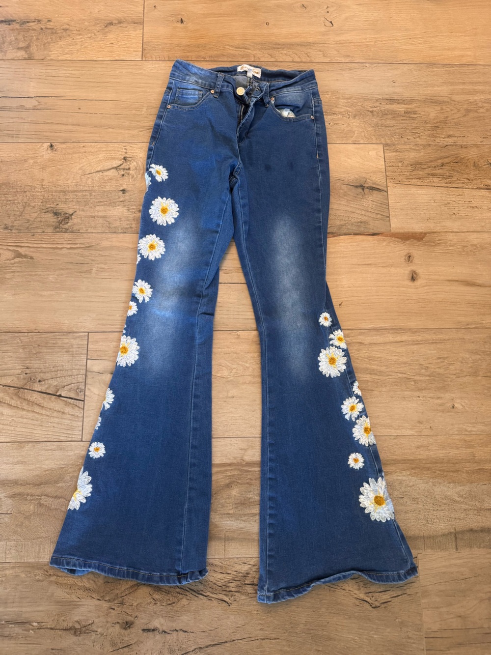 BAMBOO Blue Flare Jeans with White & Yellow Daisy Embroidery